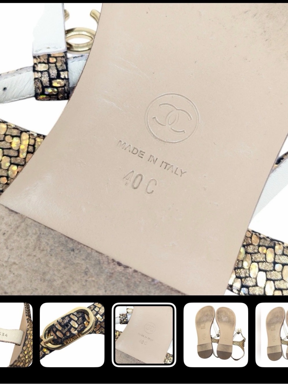 CHANEL Black & Gold Chain T-Strap Sandals - Picture 6 of 8